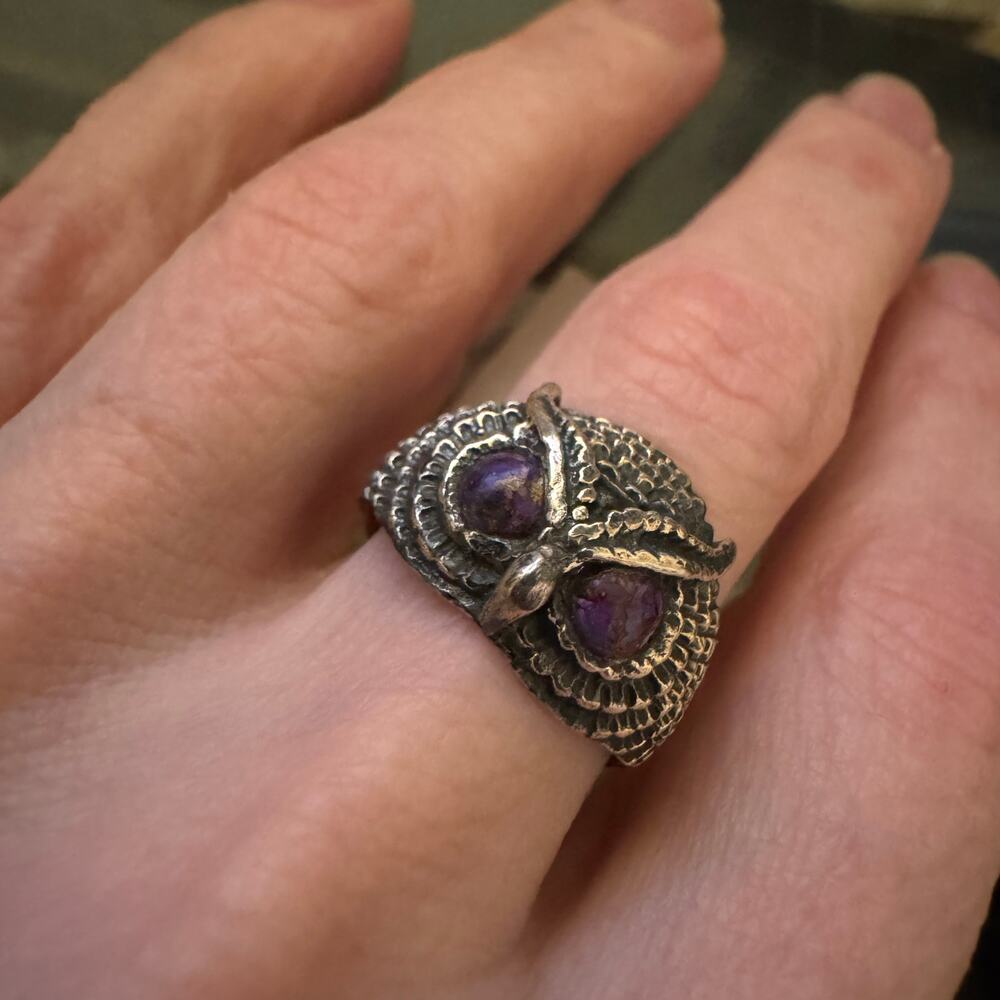 NEW! Owl Sterling Silver 925 Blackened Artisan Ring! Size 7 Silver Purple Black - Picture 3 of 6